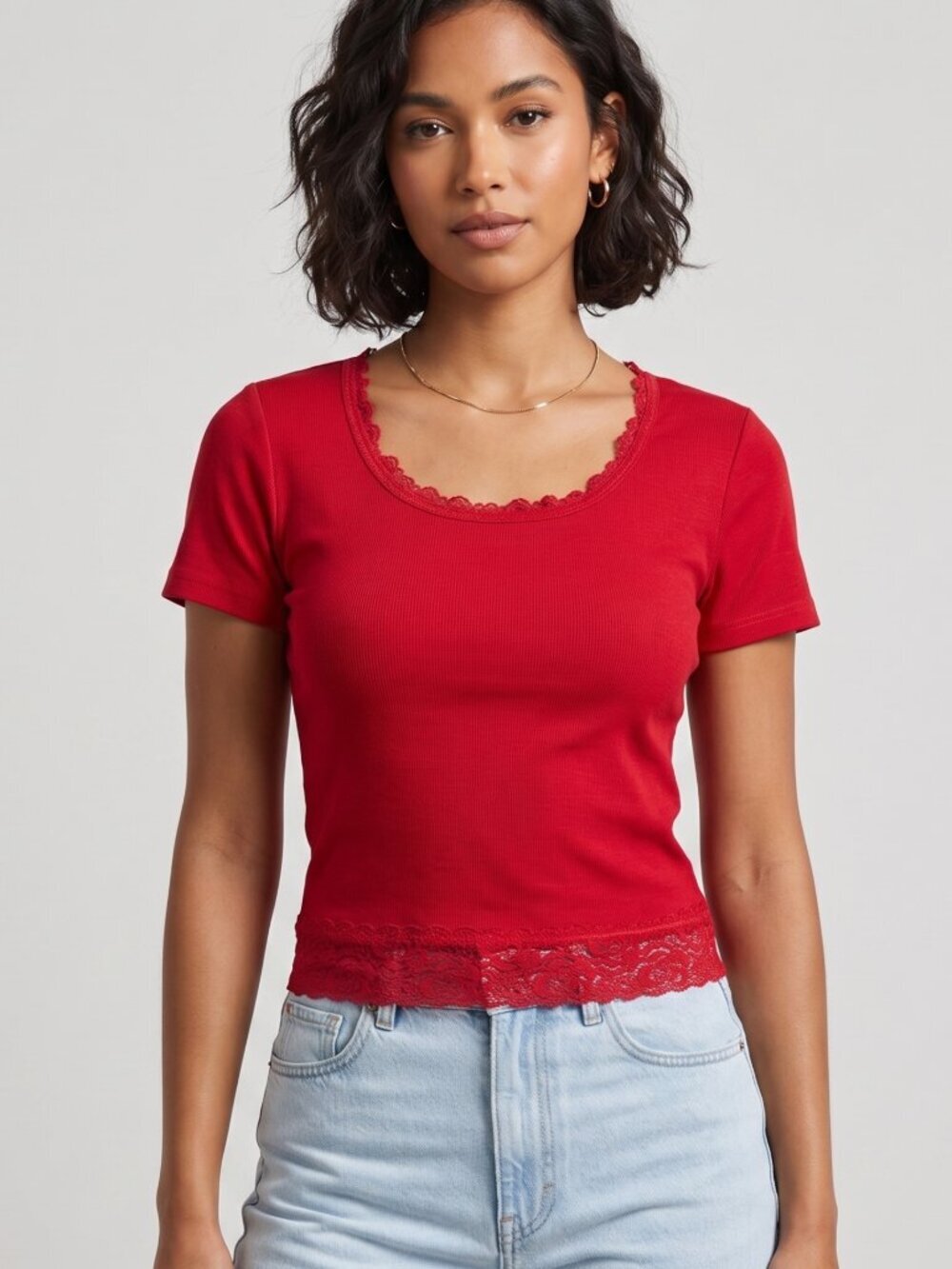 NWT | LUXVEER Crimson Red Ribbed Top Floral Lace Trim Scalloped Hem | Medium